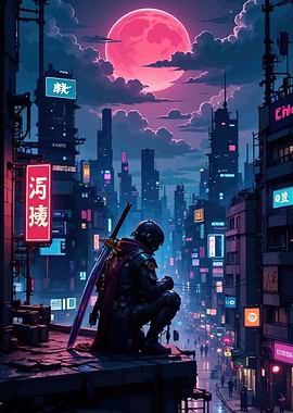 Cyberpunk Samurai Under Pink Moon