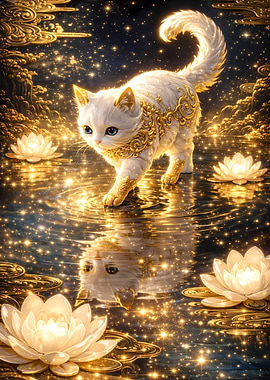 Enchanted White Cat with Golden Ornaments