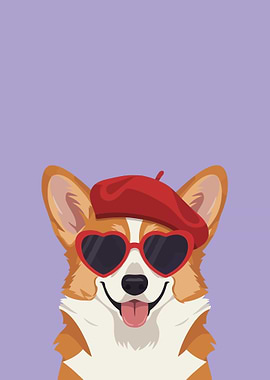 Corgi Wearing Beret and Heart Sunglasses