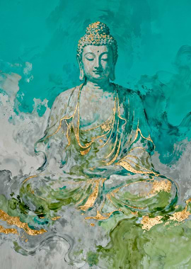 Meditating Buddha with Teal and Gold