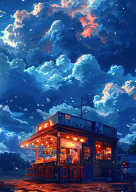Anime Food Stall Under Starry Sky