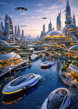 Futuristic Cityscape with Flying Cars