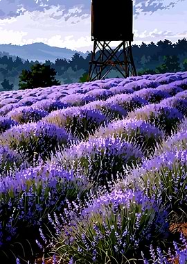 Lavender Field with Water Tower