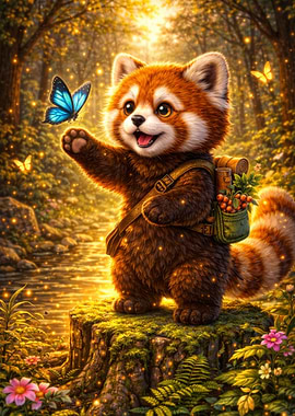 Cute Red Panda with Butterfly