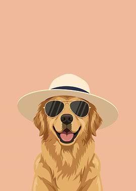 Golden Retriever Dog Wearing Sunglasses and Hat