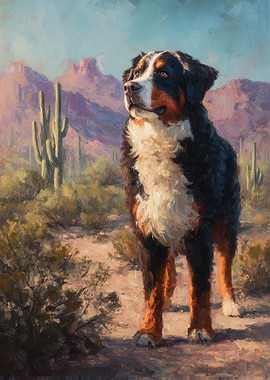 Bernese Mountain Dog in Desert Landscape