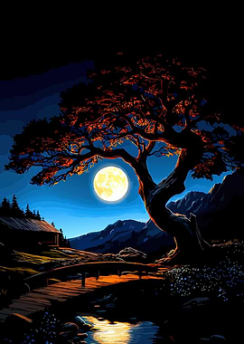 Moonlit Cabin and Tree