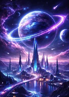 Alien Cityscape with Ringed Planet