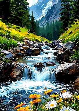 Mountain Stream with Wildflowers
