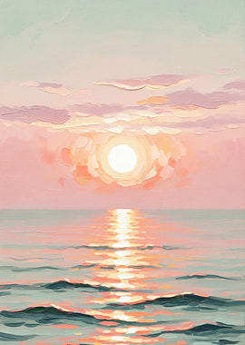Soft Impressionist Oil Painting of a Pastel Ocean Sunset