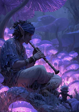 Elf playing flute in mushroom forest