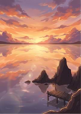 Serene Sunset Over Water with Dock