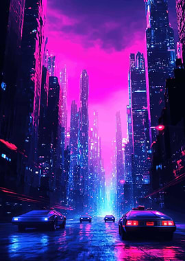 Cyberpunk Cityscape with Retro Cars