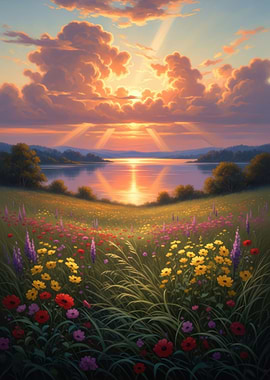 Sunset over a flower field and lake