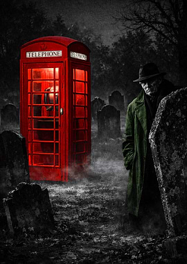 Man in Cemetery with Red Phone Booth
