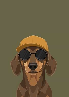 Dachshund Wearing Sunglasses and Cap