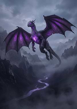 Purple Dragon Flying Over Mountains