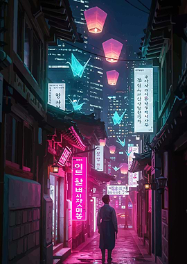 Neon Alley with Lanterns and Cranes