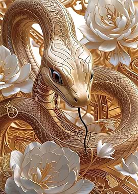 Golden Snake with White Flowers