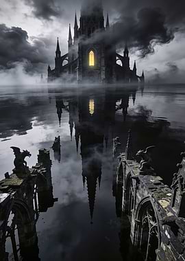 Gothic Cathedral in Mist and Reflection