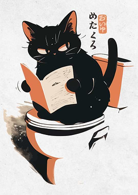 Black Cat Reading on Toilet