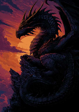 Dragon on a cliff at sunset