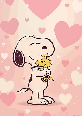Snoopy Hugs Woodstock with Hearts