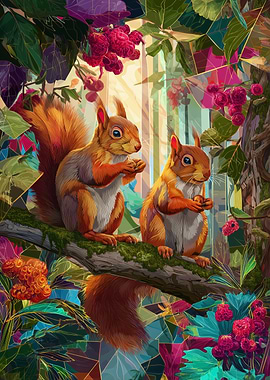 Two Squirrels on a Mossy Branch