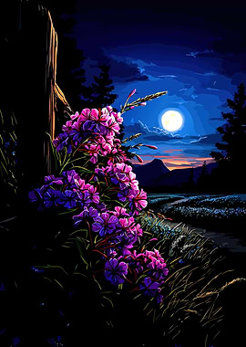 Moonlit Night with Flowers and Mountains