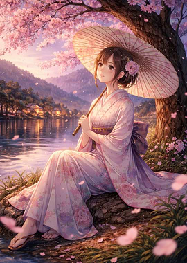 Anime Girl in Kimono with Umbrella