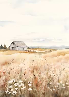 Watercolor Barn in a Field