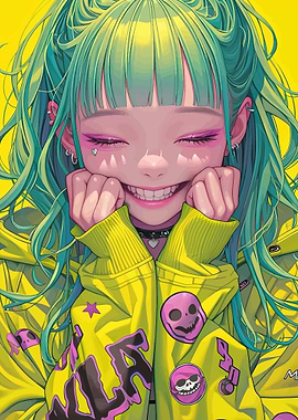 Anime Girl with Green Hair and Yellow Hoodie