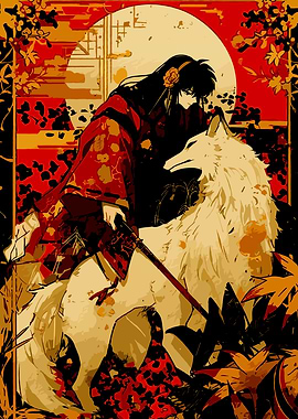 Anime warrior with wolf under moon