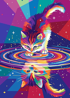 Colorful Kitten in Space Reflection