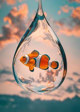 Clownfish in a Water Droplet
