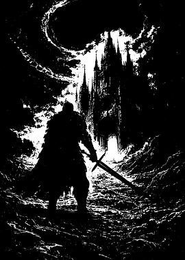 Warrior facing a dark castle