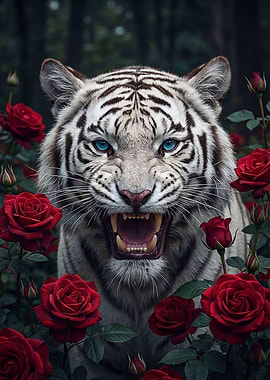 White Tiger with Red Roses
