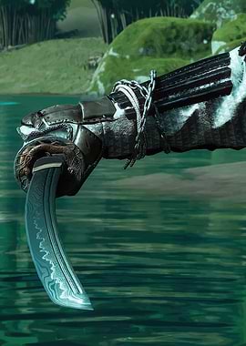 Hand holding a curved sword in water