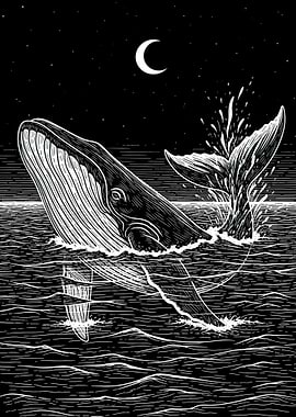 Whale breaching under a crescent moon