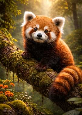 Red Panda on a Mossy Tree Branch