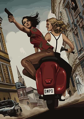 Two women on a scooter with guns