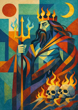 Greek God Hades with Trident and Skulls