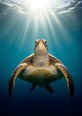 Sea Turtle Swimming Towards Sunlight