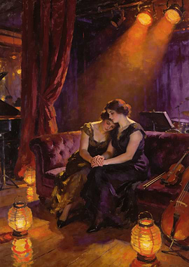 Two women embracing on a couch