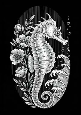 Seahorse with Flowers and Waves