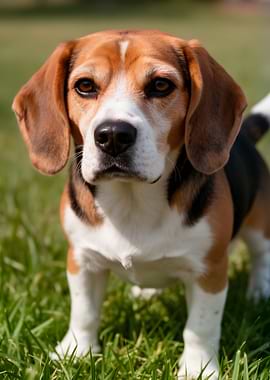 Beagle dog in green grass