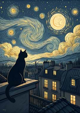 Black Cat on Rooftop Under Starry Sky