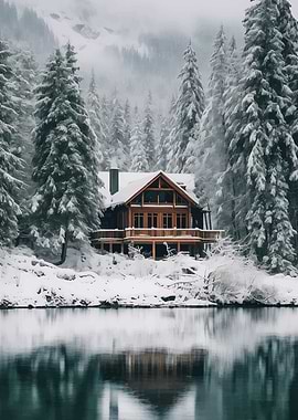 Winter Cabin by a Lake