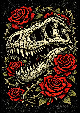 Dinosaur Skull with Roses and Thorns