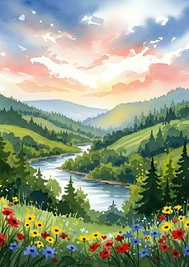 Watercolor Landscape of a River Valley at Sunset